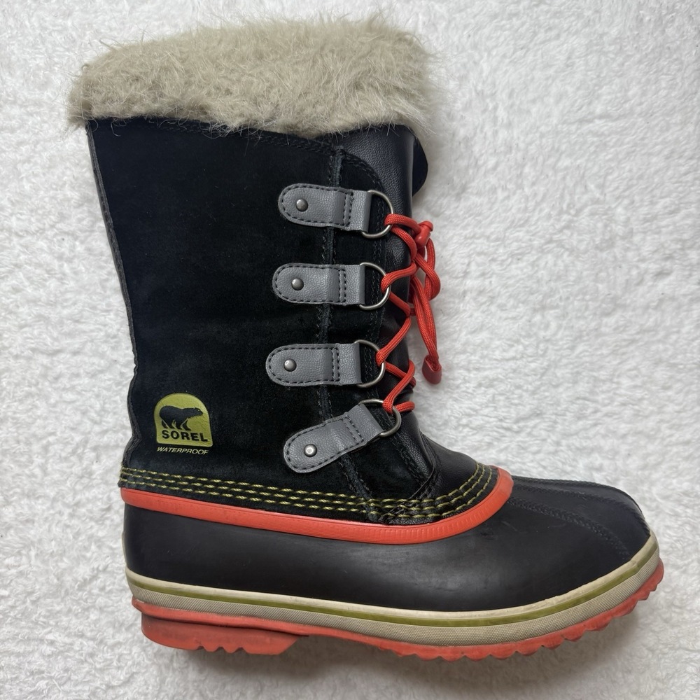 Sorel Joan of Artic Waterproof Boots Orange Black Faux Fur‎ size 5 Youth/ 7 WMN - Picture 11 of 12